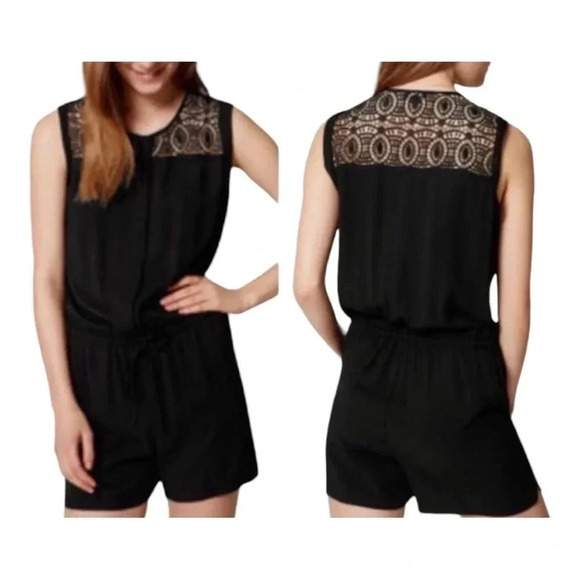 LOFT BLACK ROMPER WITH CROCHETED YOKE DETAIL WITH POCKETS SIZE‎ SMALL - Picture 1 of 10